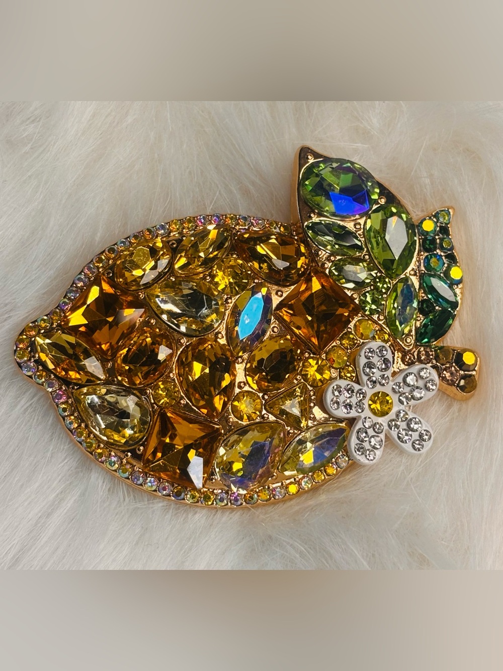 Large Jeweled Lemon Fruit Brooch Rhinestone Statement Pin